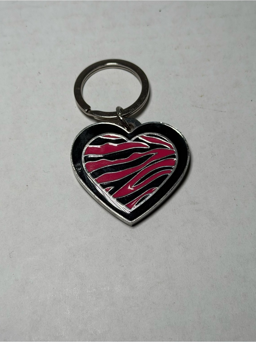 Y2K 2000s Pink Black Zebra Print Keychain Silver